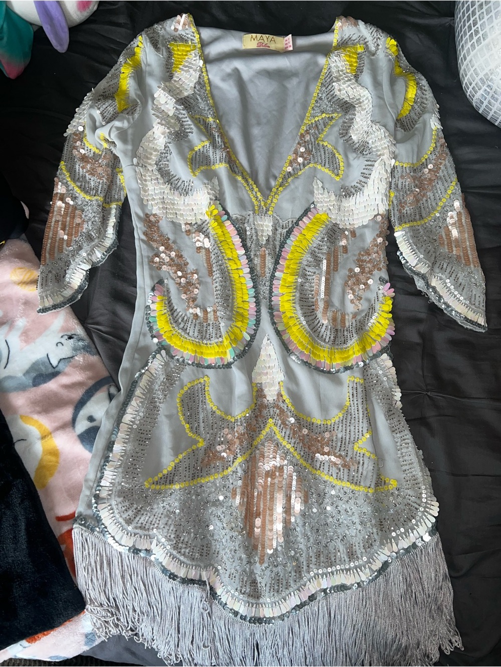 Maya Silver Sequin Fringe Mini Dress with Yellow and Pink Accents